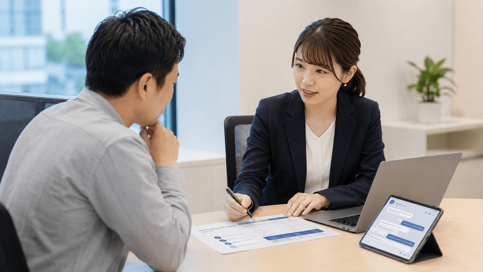 AI研修の講師が受講者と面談しチャットでも継続支援する様子