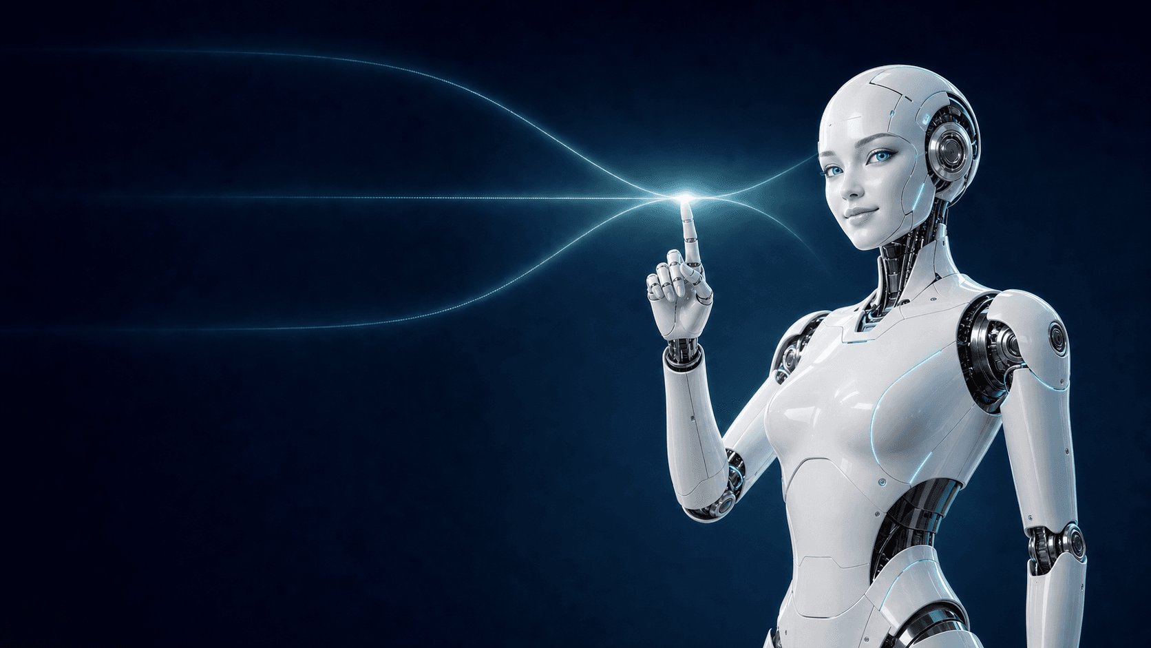 白い女性型AIロボットが指を立て、業務課題を解決できることを示すイメージ