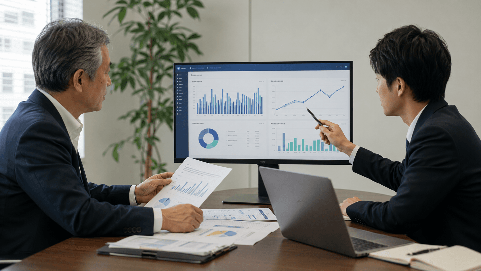 AI活用による売上・利益・業務効率の改善効果を経営ダッシュボードで確認する様子