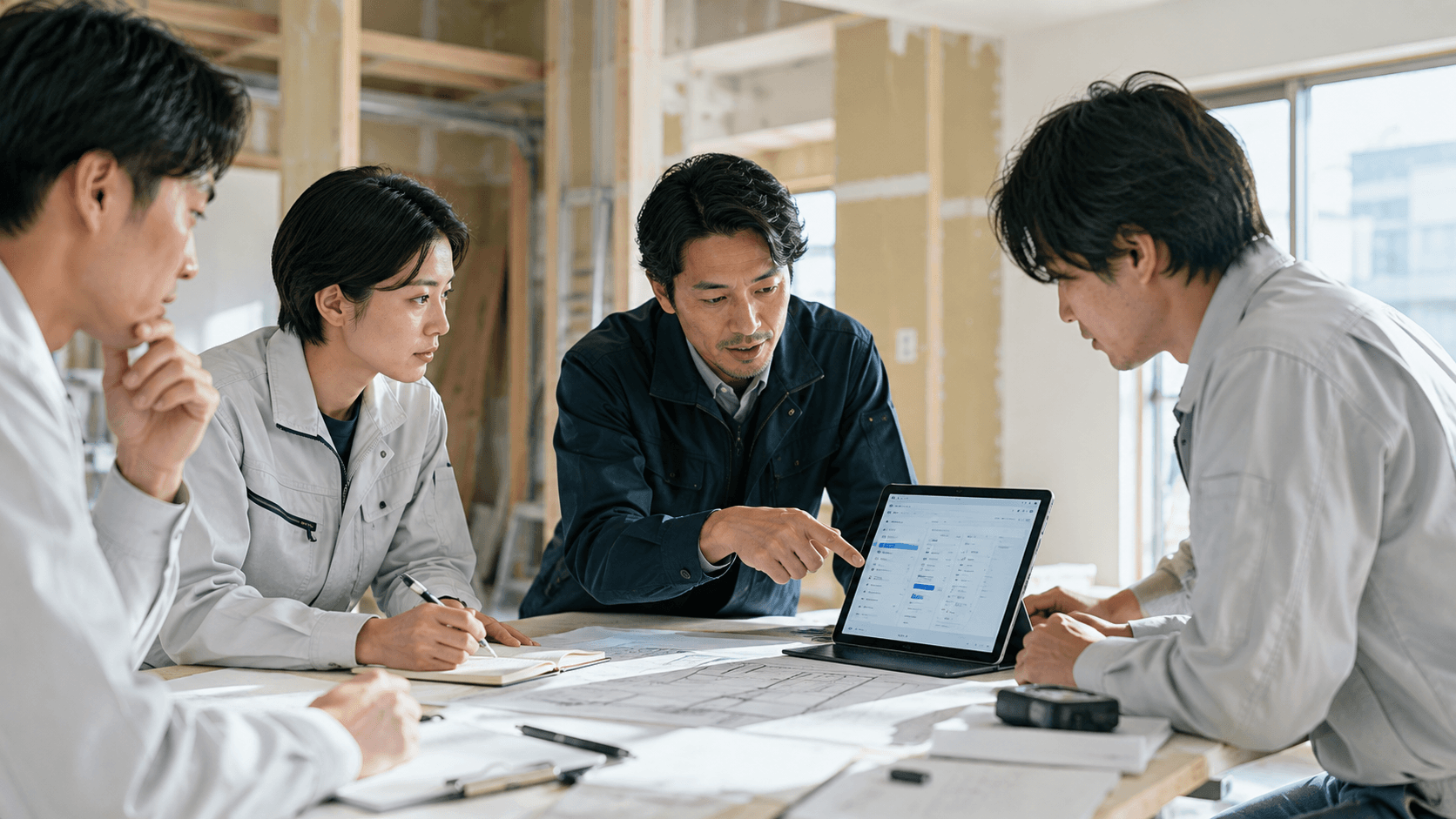 リフォーム現場で試作アプリを確認する様子