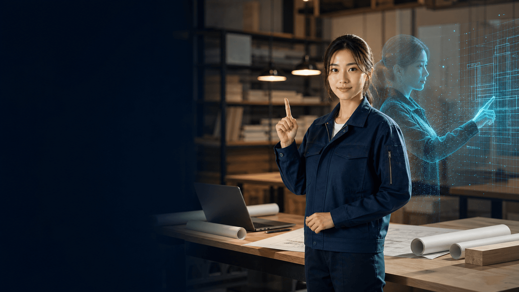 作業服の女性と、その背後に現れるAIホログラムが建設業務を支援するイメージ